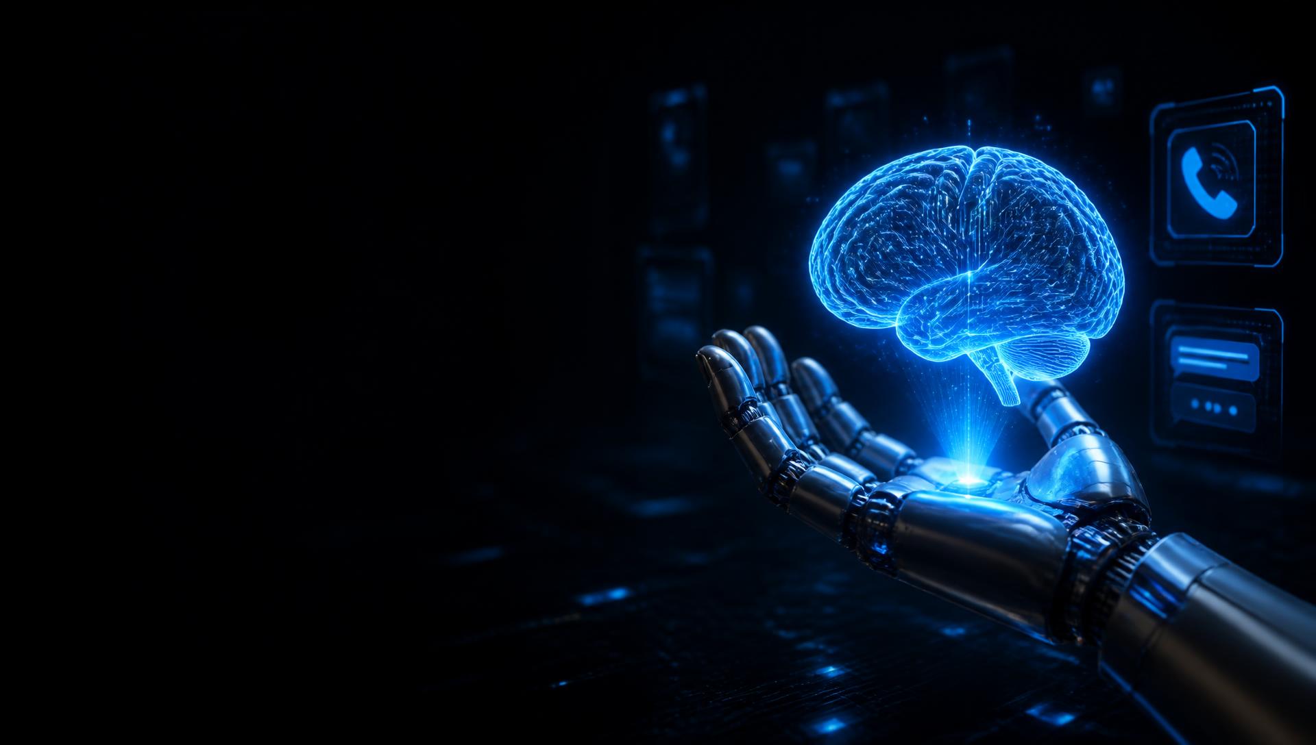 Metallic robotic hand holding a glowing blue circuit-patterned AI brain
